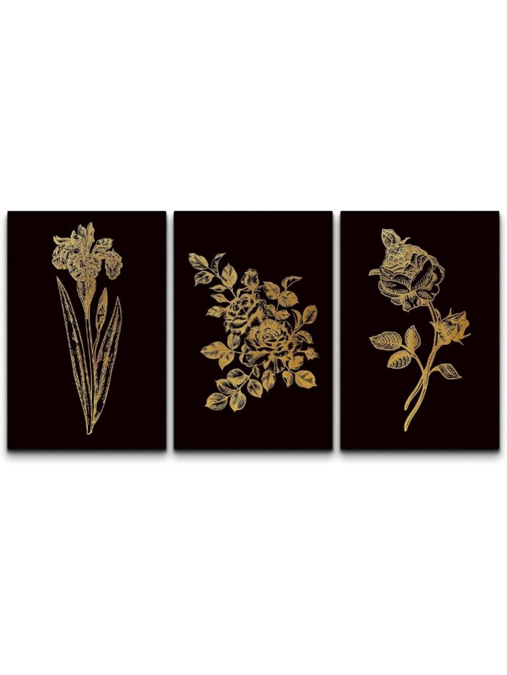 NWT Floral Canvas Wall Art Set - Gold & Black Minimalist Prints for Home Decor